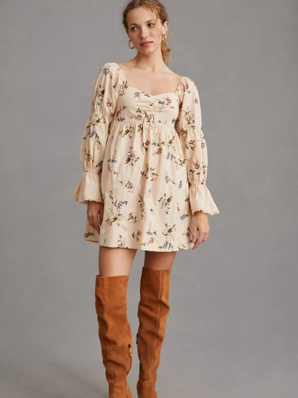 Anthropologie Floral Embroidered Mini Dress Cream Blue Pink Cottage Women Size M